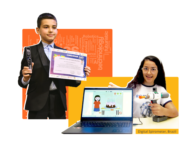 Codeavour 5.0 Edition shows a boy from Iraq winning Trophy for his innovative project and a girl from Brazil made AI and Coding Project called Digital Inceptive Spirometer