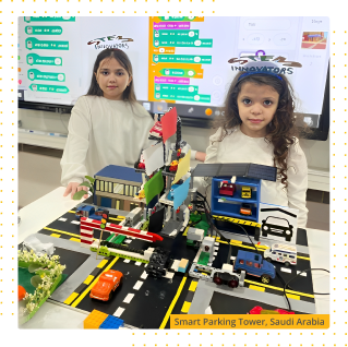 Lego with PictoBlox Project called Smart Parking Tower made by two little girls from Saudi Arabia