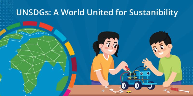 Students crafting a robot, the backdrop of a digital world map, and the UNSDG logo symbolize united global sustainability.